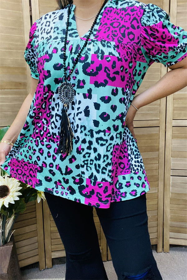 GJQ15598 Teal/fuchsia/black leopard printed short sleeve women tops w/v-neckline