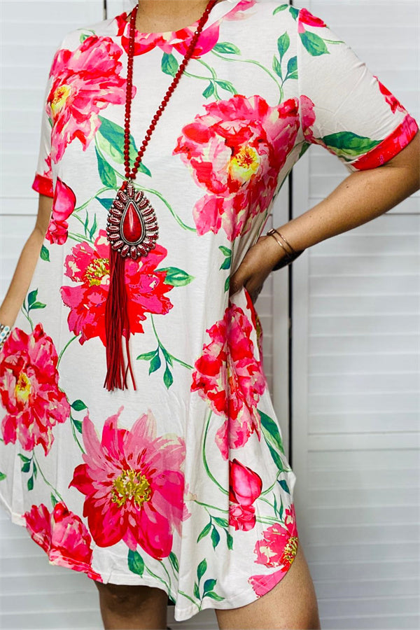 YMY13143 Big fuchsia floral  printed short sleeves women dresses