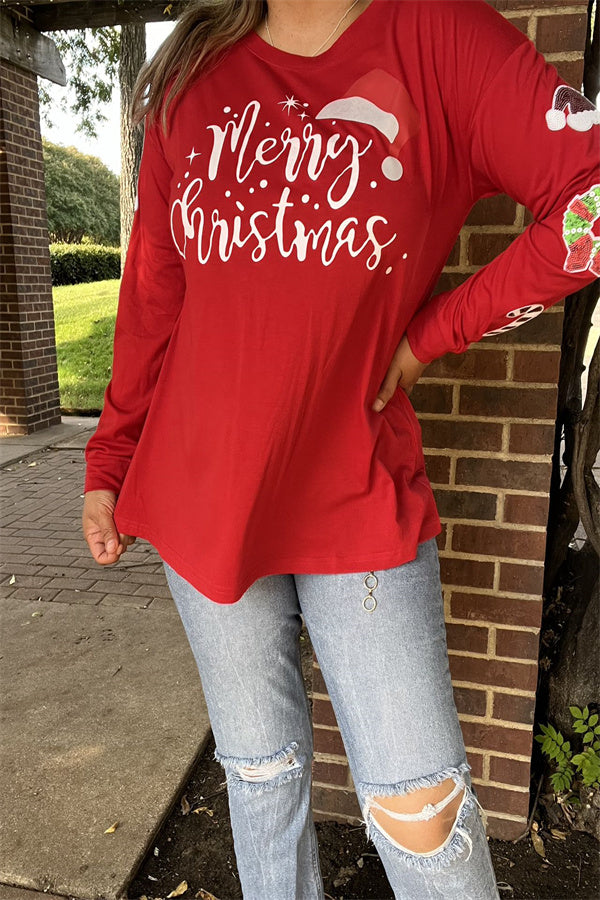 XCH15628 "Merry Christmas"white words printed long sleeve w/sequin Christmas accessories Patches women red tops