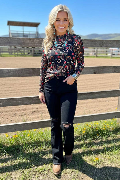 Southern Stitch western yeehaw riding sheer long sleeve women top XCH17056