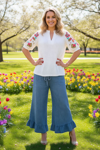 Ribbed knitted fabric puff embroidery short sleeves women top XCH16754