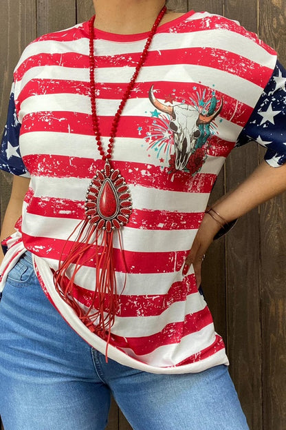 Red striped&stars multi-color printed short sleeves women tops XCH14955
