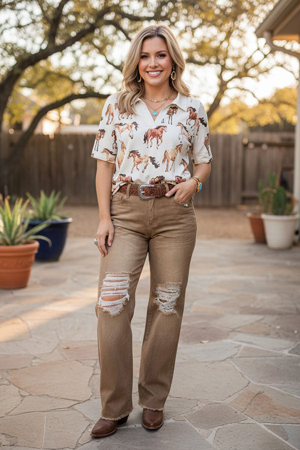 Western brown distressed straight denim jeans women's boutique pant S013