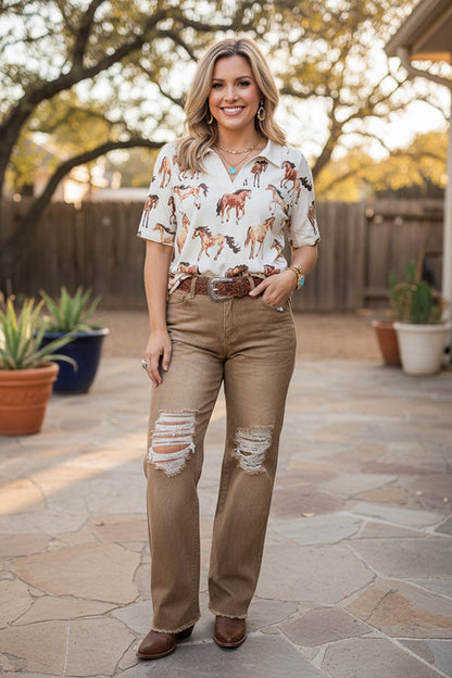 Western brown distressed straight denim jeans women's boutique pant S013