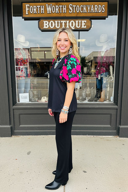 Floral printed puff lantern short sleeve black women top GJQ16458