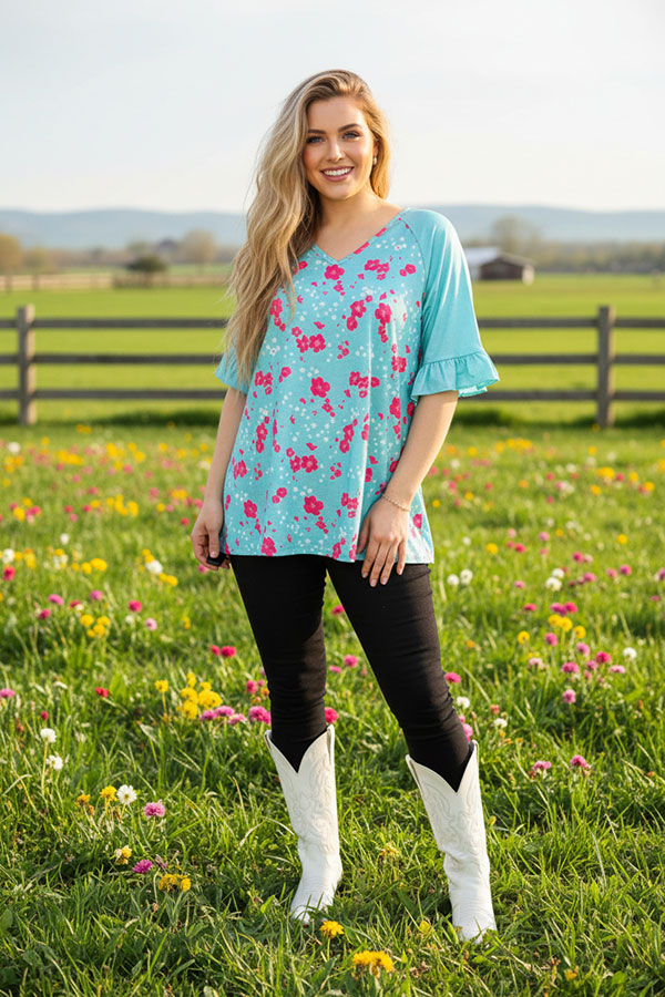 XCH15822 Fuchsia&white small floral printed short sleeve w/ruffle women mint tops