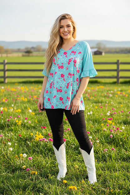 XCH15822 Fuchsia&white small floral printed short sleeve w/ruffle women mint tops