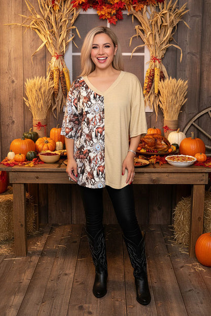 Half horse printed & knitted light tan loose fitting short sleeve women top XCH14343