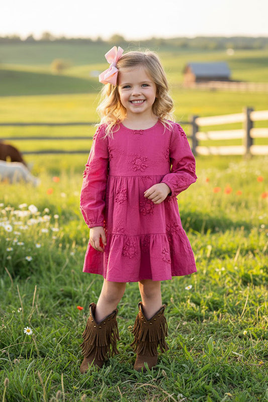 Dusty rose floral embroidery long sleeve girls dress XCH03001