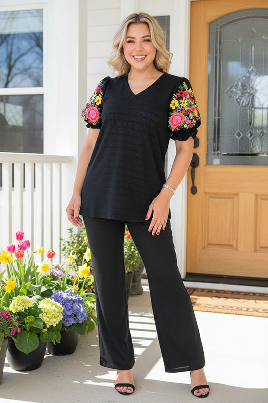 Floral embroidery black knitted puff short sleeve women top XCH16351