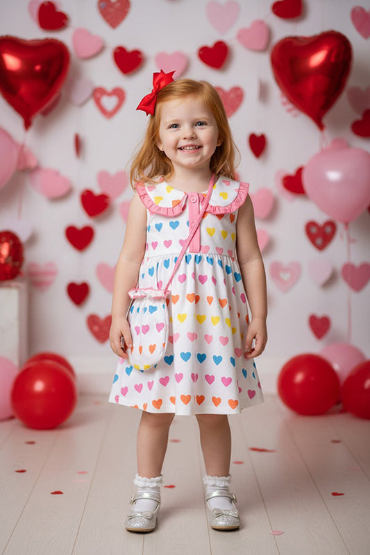 X07003 Hearts printed baby doll girls dress w/purse bag