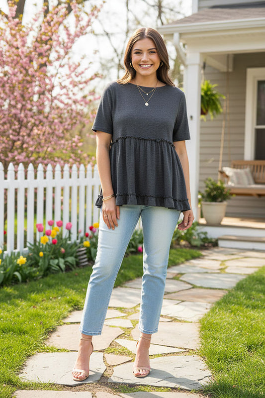 Solid color gery short sleeve women top w/ruffle bottom BQ15554