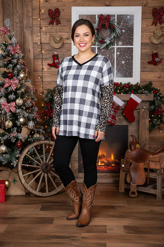 Checked & leopard printed tighten long sleeve women tops BQ11648