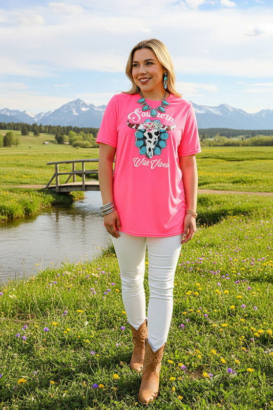 Women's t-shirt vendors "Southern Wild Vibes" cow skull printed Neon pink DLH10359