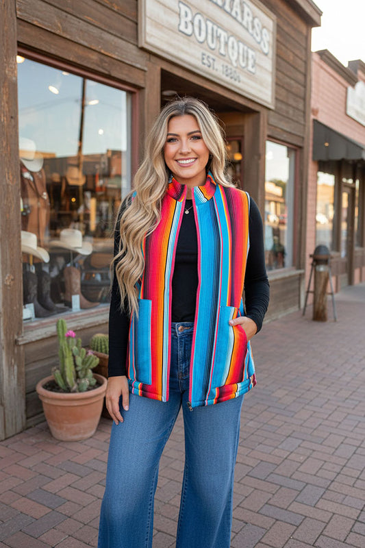 Serape/Fuchsia reversible zipper women vest w/pockets (Tag is removable) DL8362-1