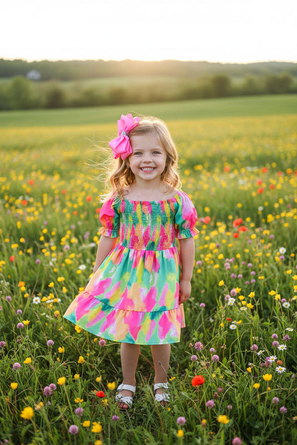 Children store wholesale girls dress Green & fuchsia prints & puff short sleeves XCH03020