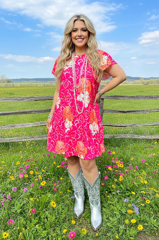 GJQ15841 Floral printed short sleeve w/ruffle women dress w/side pockets