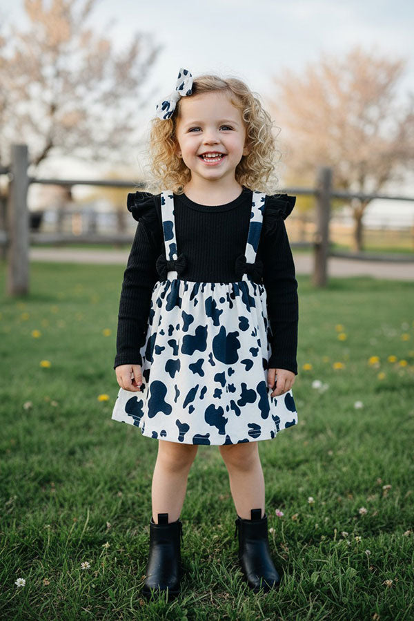 One Piece Ribbed knitted fabric black & cow print long sleeve girls dress with headband DLH2812