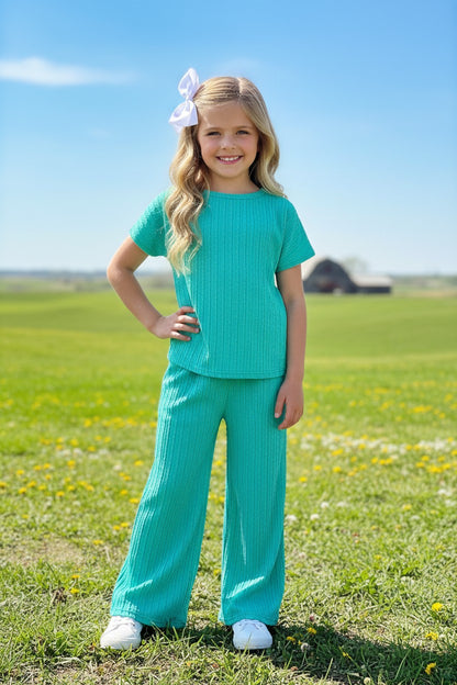 Knit turquoise top & pant 2pc girls sets XCH04010
