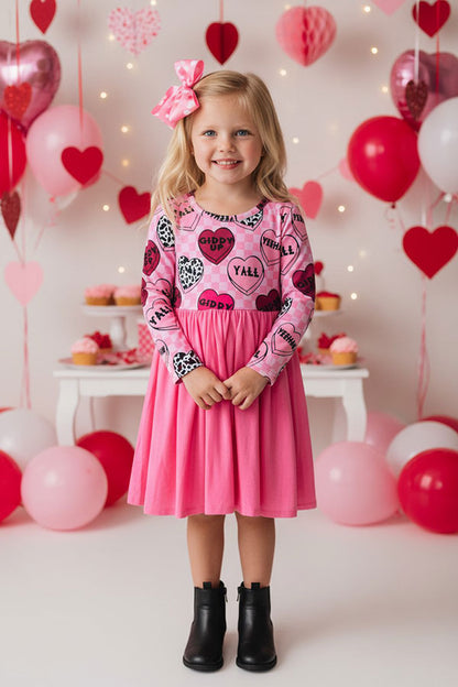 XCH0017-16H Girls hearts printed pink tulle long sleeve dress