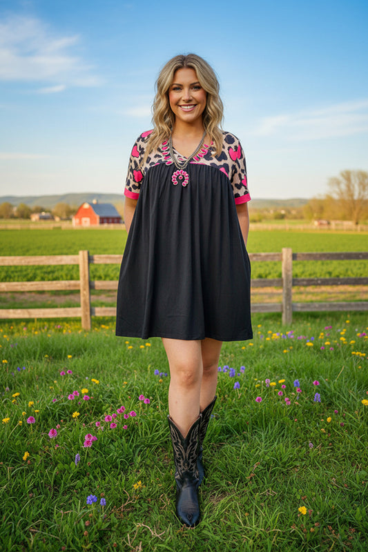 Hearts & leopard printed & Black short sleeve baby doll women dress XCH14683