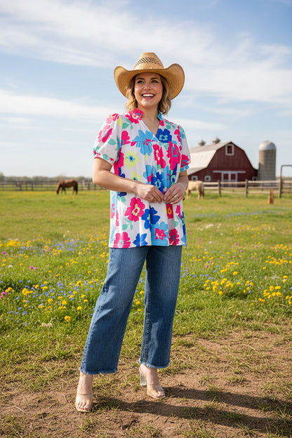 Floral multi color printed short sleeve & v-neckline women blouse XCH15792