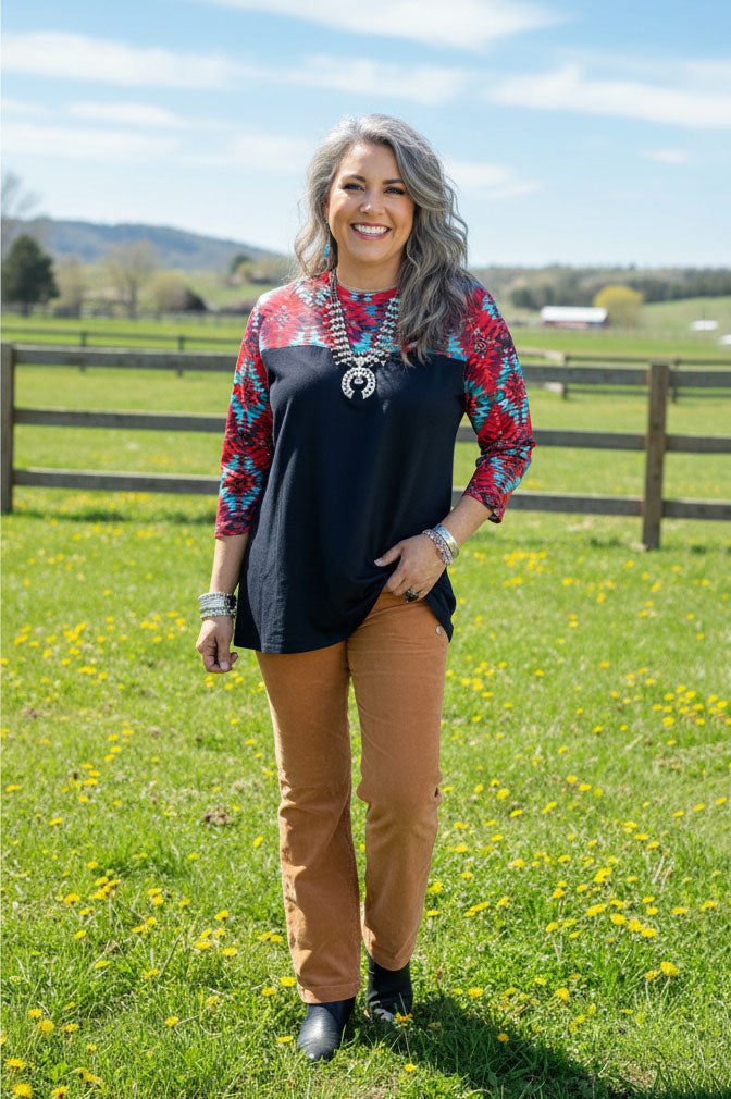 Aztec multi color printed 3/4 sleeve black block solid color women tops XCH15543