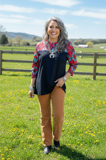 Aztec multi color printed 3/4 sleeve black block solid color women tops XCH15543