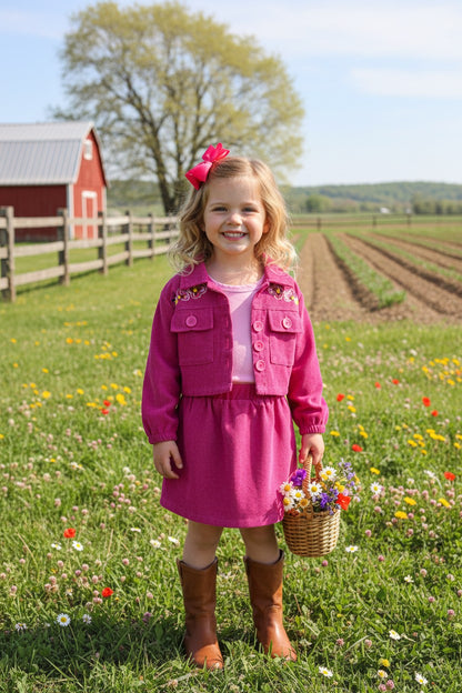 Corduroy floral embroidery coat & pink short sleeve top & emboridery skirt 3pc girls sets DLH2833