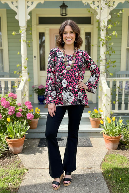 BQ10300 Pink/Floral leopard printed bell sleeve blouse
