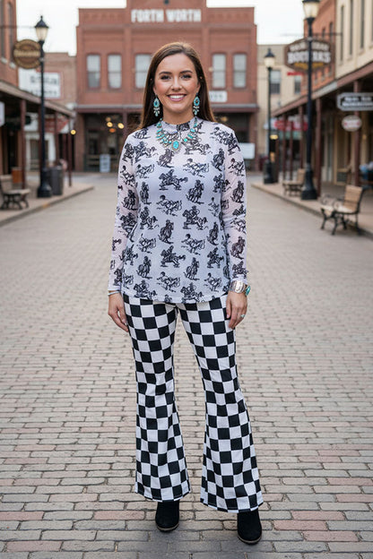 Western cowboy printed mesh long sleeve sheer women top XCH16964