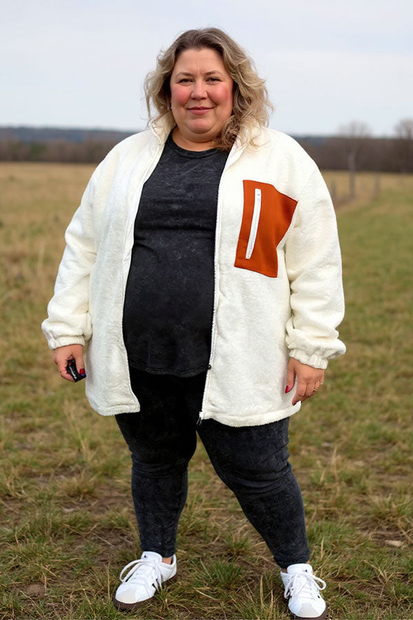 Plus size white sherpa winter women jacket w/front brown pocket BQ13625