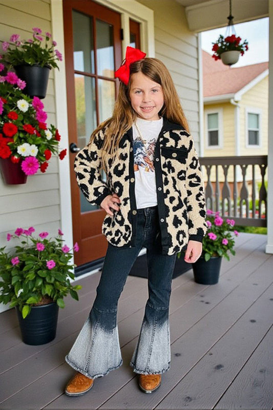 BQ2412 Beige leopard sherpa long sleeve girls jacket/coat