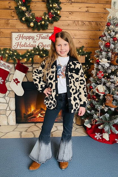 BQ2412 Beige leopard sherpa long sleeve girls jacket/coat