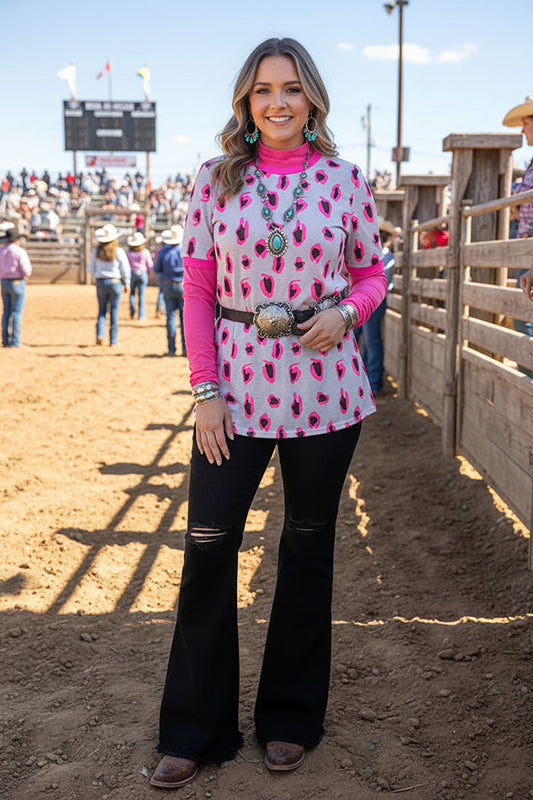 Grey/fuchsia leopard printed short sleeve women top YMY10657