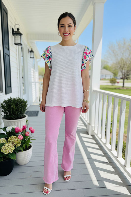 Women's t-shirt wholesale Floral sleeve & white color block ladies top XCH15932