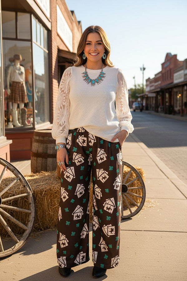 Cream knit fabric lace long sleeve women blouse XCH16402