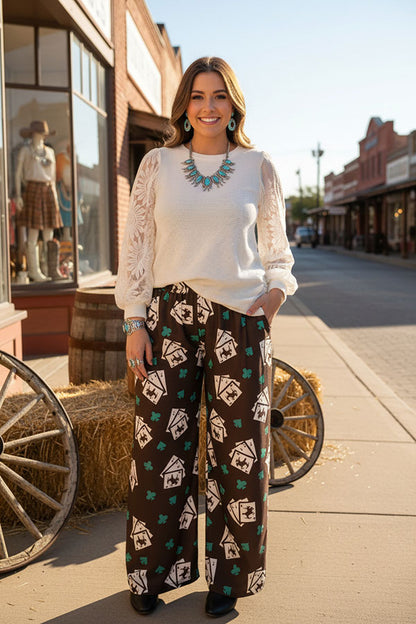 Cream knit fabric lace long sleeve women blouse XCH16402