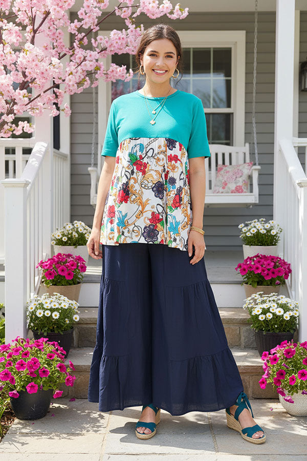 Women's clothing vendors Turquoise&  Paisley floral prints baby doll tops GJQ14904