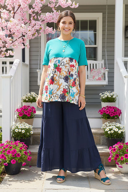 Women's clothing vendors Turquoise&  Paisley floral prints baby doll tops GJQ14904