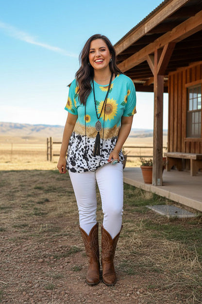 Sunflower turquoise leopard multi color printed short sleeves women tops XCH13234