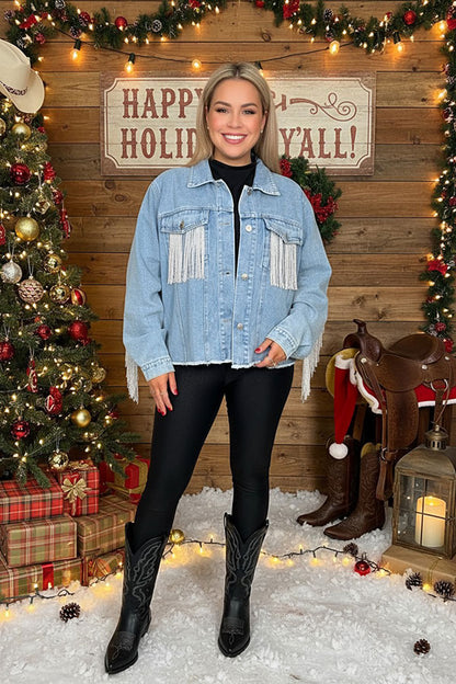Long sleeve denim women coat with pocket & fringe DLH13702