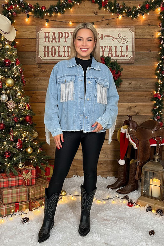 Long sleeve denim women coat with pocket & fringe DLH13702