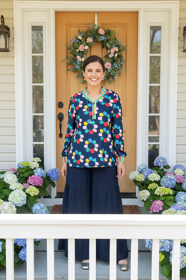 Multi color flower printed & striped balloon long sleeve women blouse XCH16345