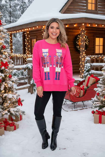 Sequin Nut Cracker hot pink long sleeve women sweatshirt /slit XCH16741