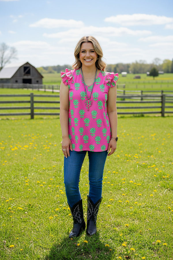 Mint flower prints short sleeves women tops w/ruffles YMY13365