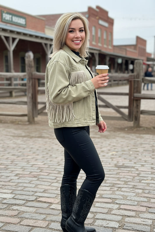 Western studded bling fringe denim long sleeve women jacket/coat DLH13754