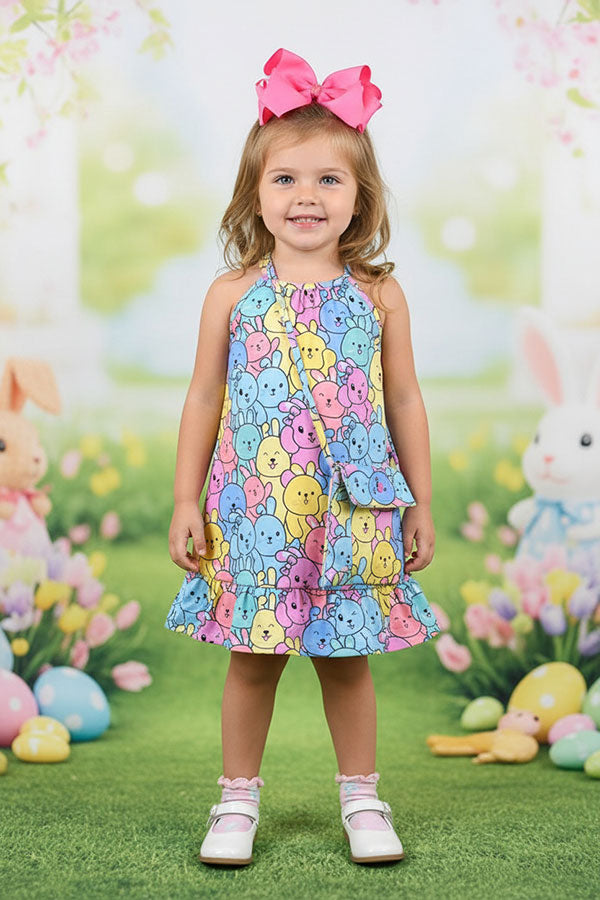 Easter Multi color rabbits printed sleeveless girls dress w/bag XCH07001