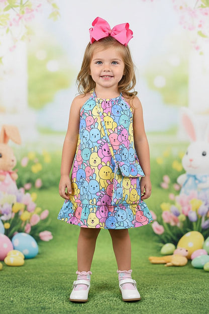 Easter Multi color rabbits printed sleeveless girls dress w/bag XCH07001