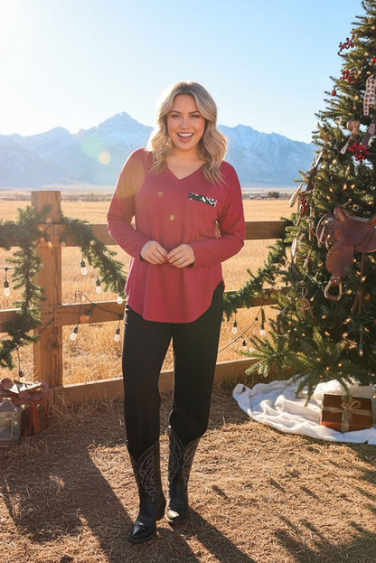 GJQ9792-1 Solid Fuchsia v-neck long sleeve top w/cow print front pocket (DS13)